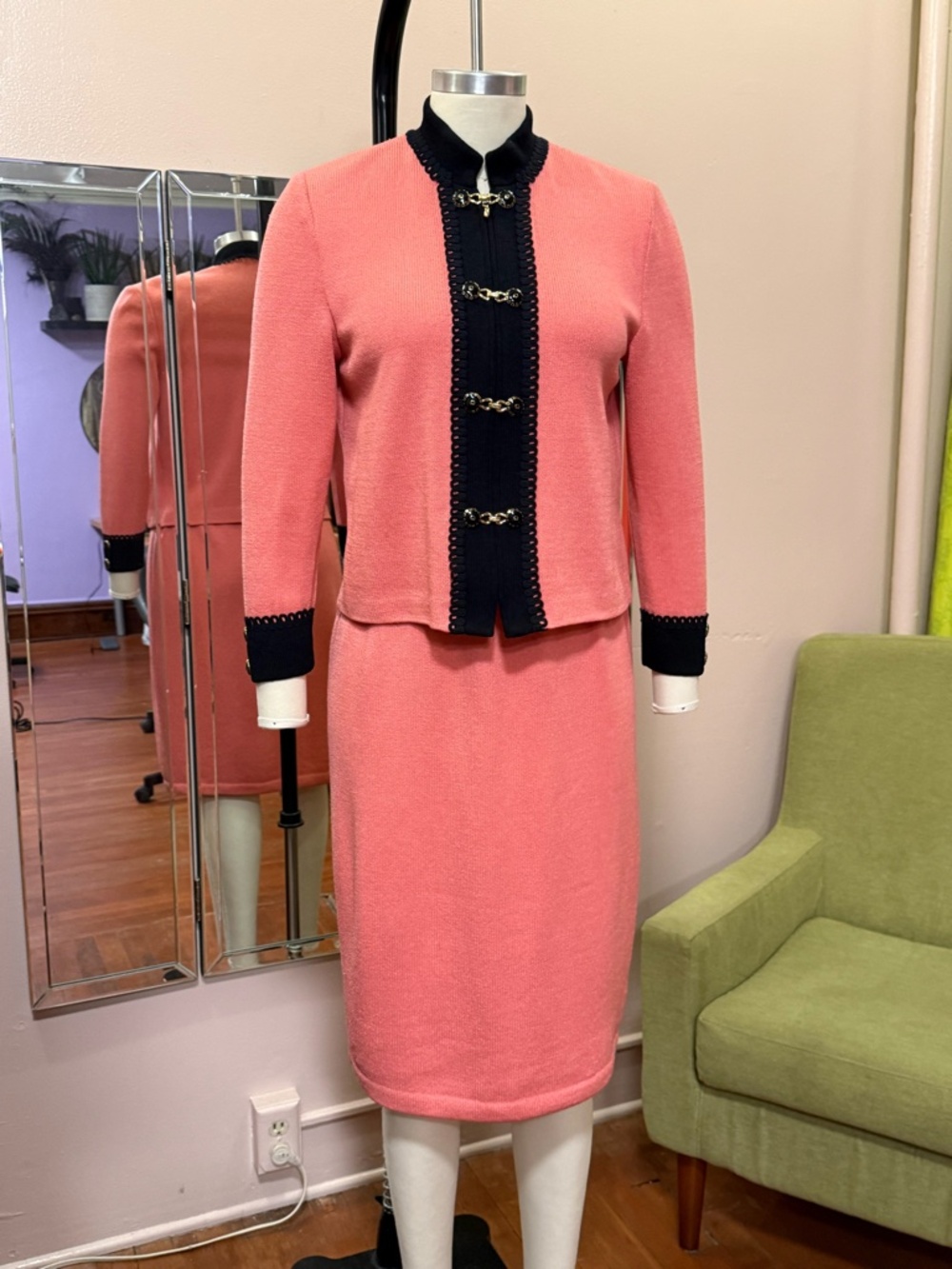 St. John by Marie Gray, Vintage 90s Knit Jacket and Pencil Skirt Set, Coral Pink